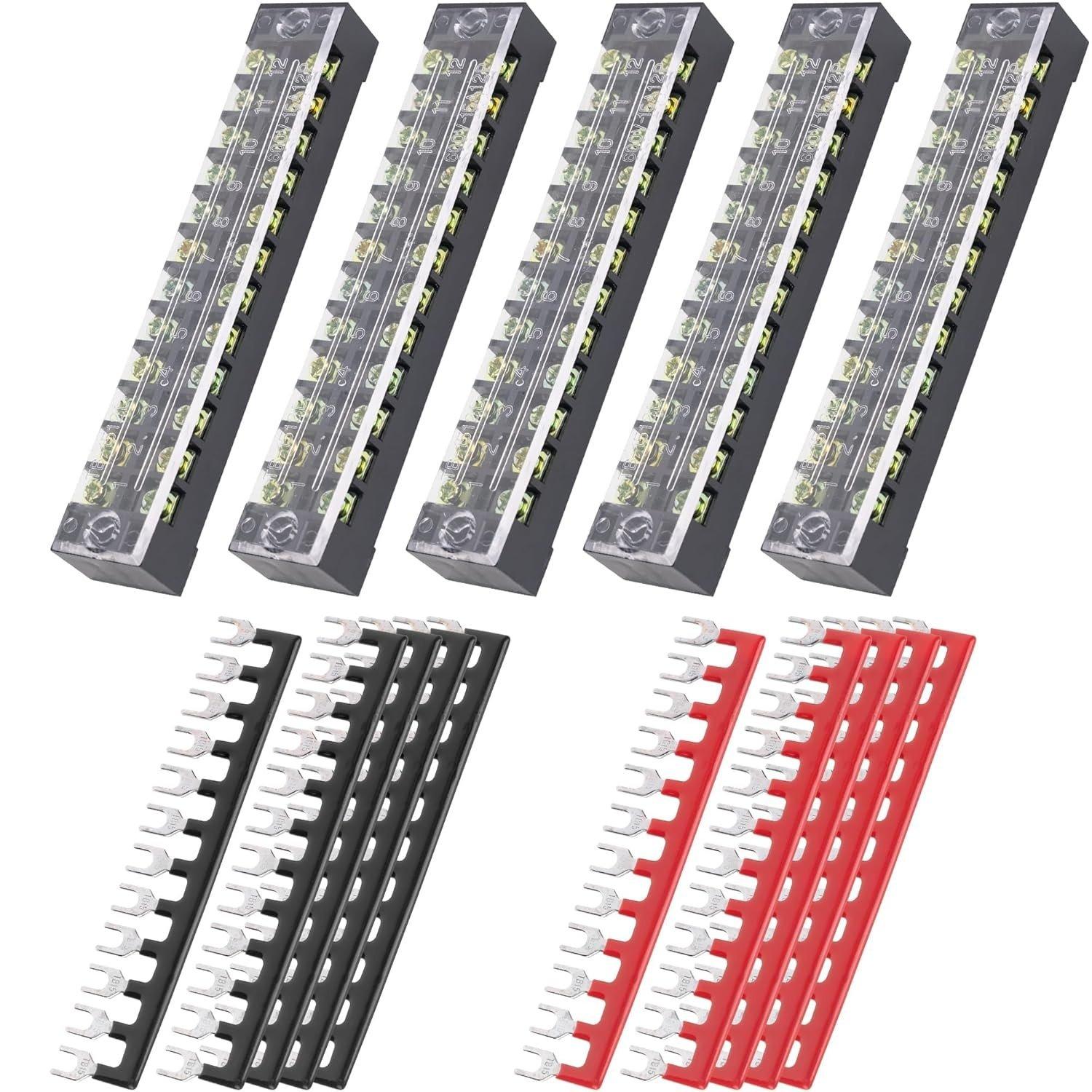 [Lifetime Warranty] 5-pack 12 Positions Terminal Strip Blocks 600V 15A with Cover and 10-pack 400V 15A 12 Positions Pre-Insulated Terminals Barrier Strip image 0