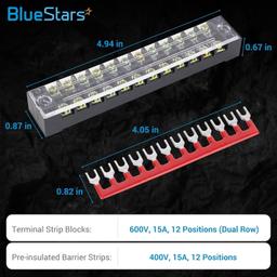 [Lifetime Warranty] 5-pack 12 Positions Terminal Strip Blocks 600V 15A with Cover and 10-pack 400V 15A 12 Positions Pre-Insulated Terminals Barrier Strip thumbnail 2