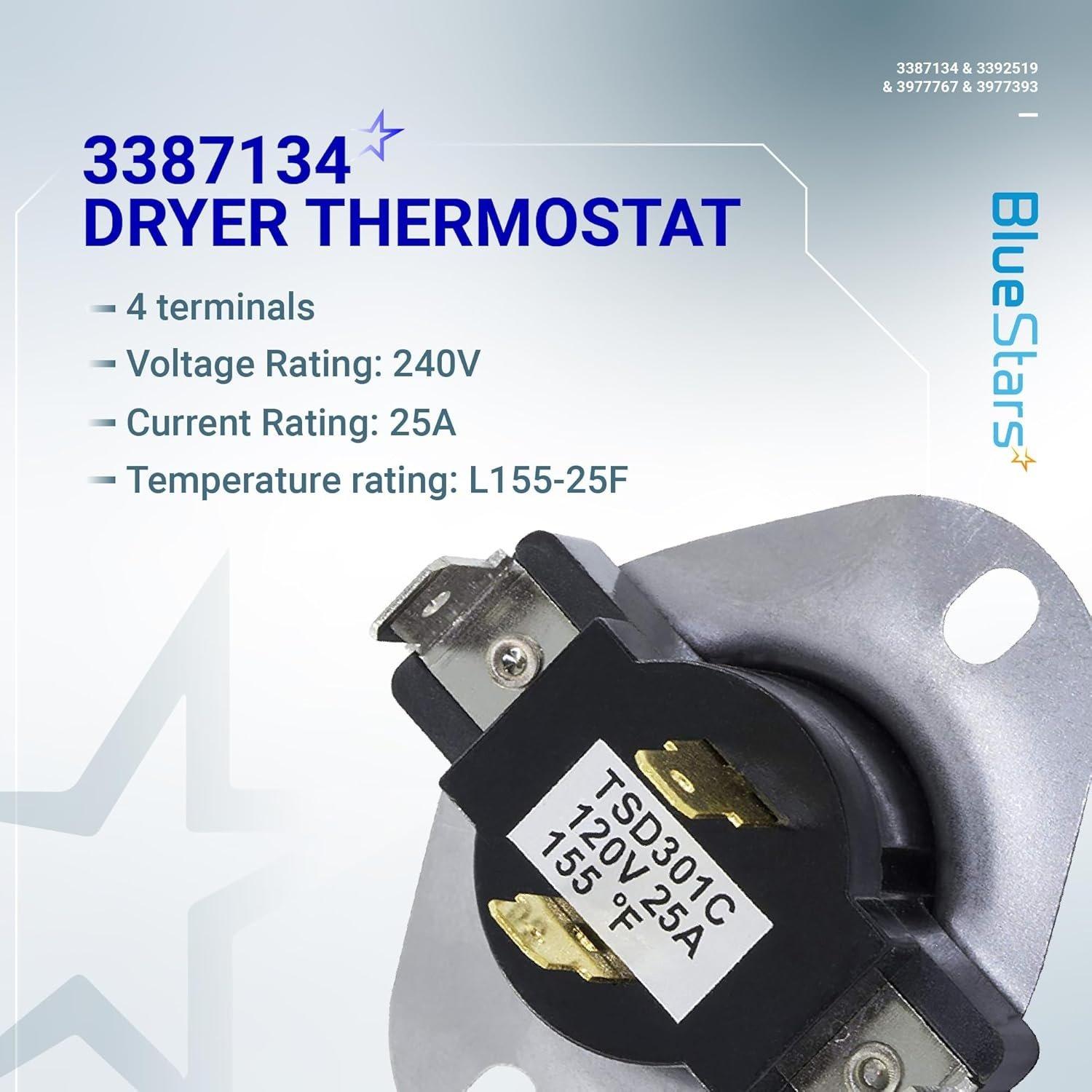 BlueStars 3387134 Cycling Thermostat 2-Pack 3392519 Dryer Thermal Fuse 3977393 Thermal Cut-Off Switch 3977767 High-Limit Thermostat Dryer Repair Kit - Compatible with Whirlpool Kenmore Maytag Dryers image 3