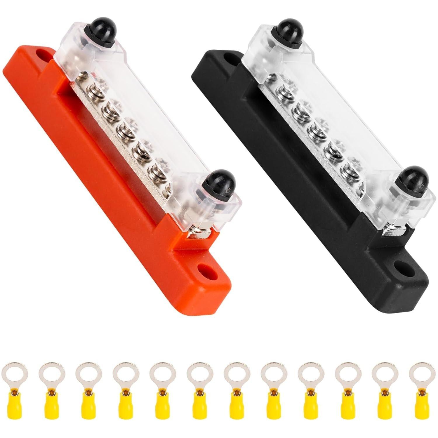 2-pack Bus Bar 130A AC/ 150A DC, 300V AC/ 48V DC, 6 Terminal Power Distribution Block with 12 Wire Lugs - Battery Junction Post image 0