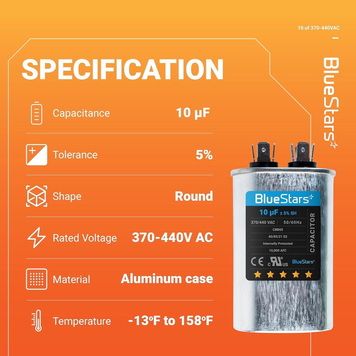 [Lifetime Warranty] 10 uF MFD Â±5% 370/440 VAC CBB65 CBB65A Oval Run Start Capacitor - Fits AC Unit Fan Motor, Pool Pump, Condenser image 5