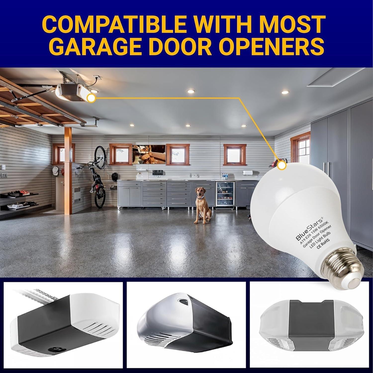 Universal Garage Door Opener LED Light Bulb 15W 100W Equivalent, 1500Lm Ultra Bright 120V A19 Bulbs E26 Base, 6500K Daylight, Minimize Interference No-Flicker - Pack of 4 image 6