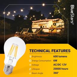 [Lifetime Warranty] Efficient 12V LED Bulb 6W 600Lm E26 Base 12-24V AC/DC - Ideal for Off-Grid Solar Battery Systems, RVs, Marine Lighting - Low Voltage Energy Saving 60W Equivalent - Warm White 2700K - Pack of 6 thumbnail 7