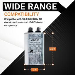 [Lifetime Warranty] 10 uF MFD ±5% 370/440 VAC CBB65 Oval Run Start Capacitor - Fits AC Motor Run, Fan Start, Heat Pump thumbnail 2