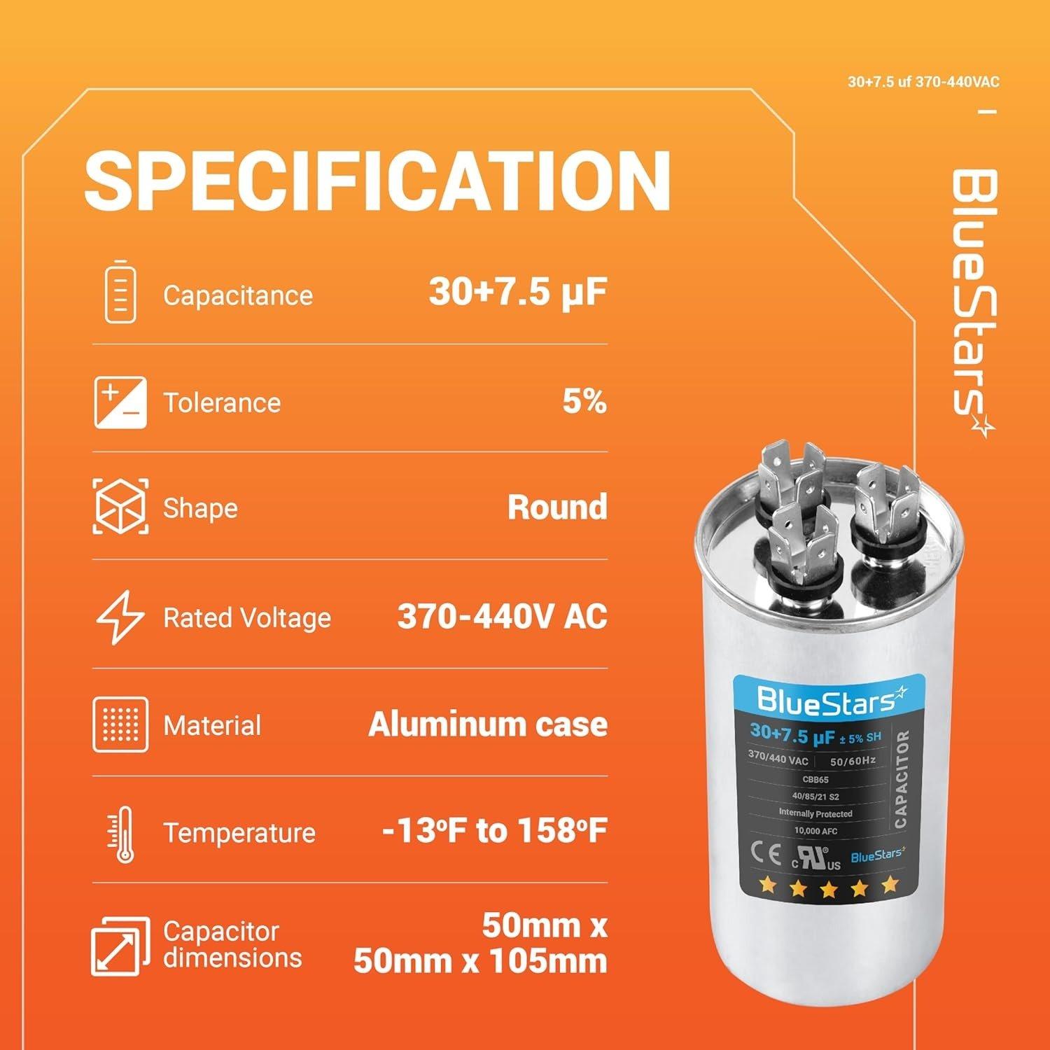 [Lifetime Warranty] 30+7.5 uF MFD Â±5% 370/440 VAC Dual Run Start Round Capacitor 50/60 Hz 10000AFC - Fits Condenser, Heat Pump image 7