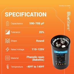 [Lifetime Warranty] 590-708 uF MFD 110-125 VAC ±20% 50/60 Hz CD60 Round Motor Start Capacitor - Fits Pool Pump, Well Pump - Pack of 2 thumbnail 4