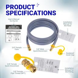 [Lifetime Warranty] 5249 Propane to Natural Gas Conversion Kit - Fit BlackStone 28" 36" Griddles, Tailgater, Rangetop Combo & Single Burner Rec Stove - 10FT 3/8" ID Natural Gas Hose & 3/8in Quick Connect thumbnail 2