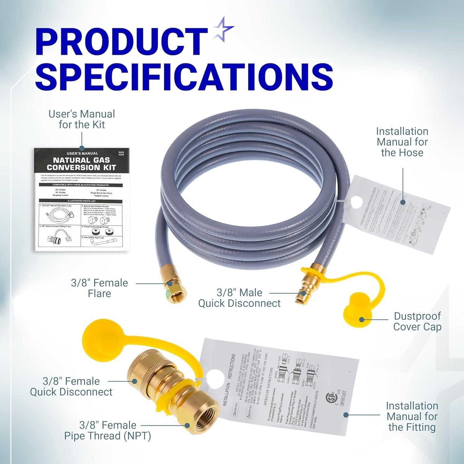 [Lifetime Warranty] 5249 Propane to Natural Gas Conversion Kit - Fit BlackStone 28" 36" Griddles, Tailgater, Rangetop Combo & Single Burner Rec Stove - 10FT 3/8" ID Natural Gas Hose & 3/8in Quick Connect image 2