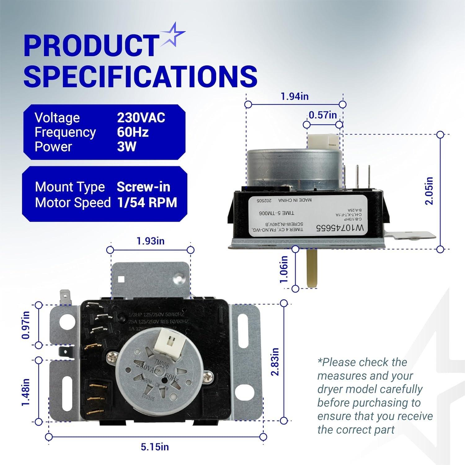[Lifetime Warranty] W10745655 Dryer Timer - Compatible with Maytag Whirlpool Crosley Amana 230VAC 60Hz Dryer Models YNED4655EW1 4KWED4605FW0 - Replaces W10857612 W10436308 AP6003908 image 1