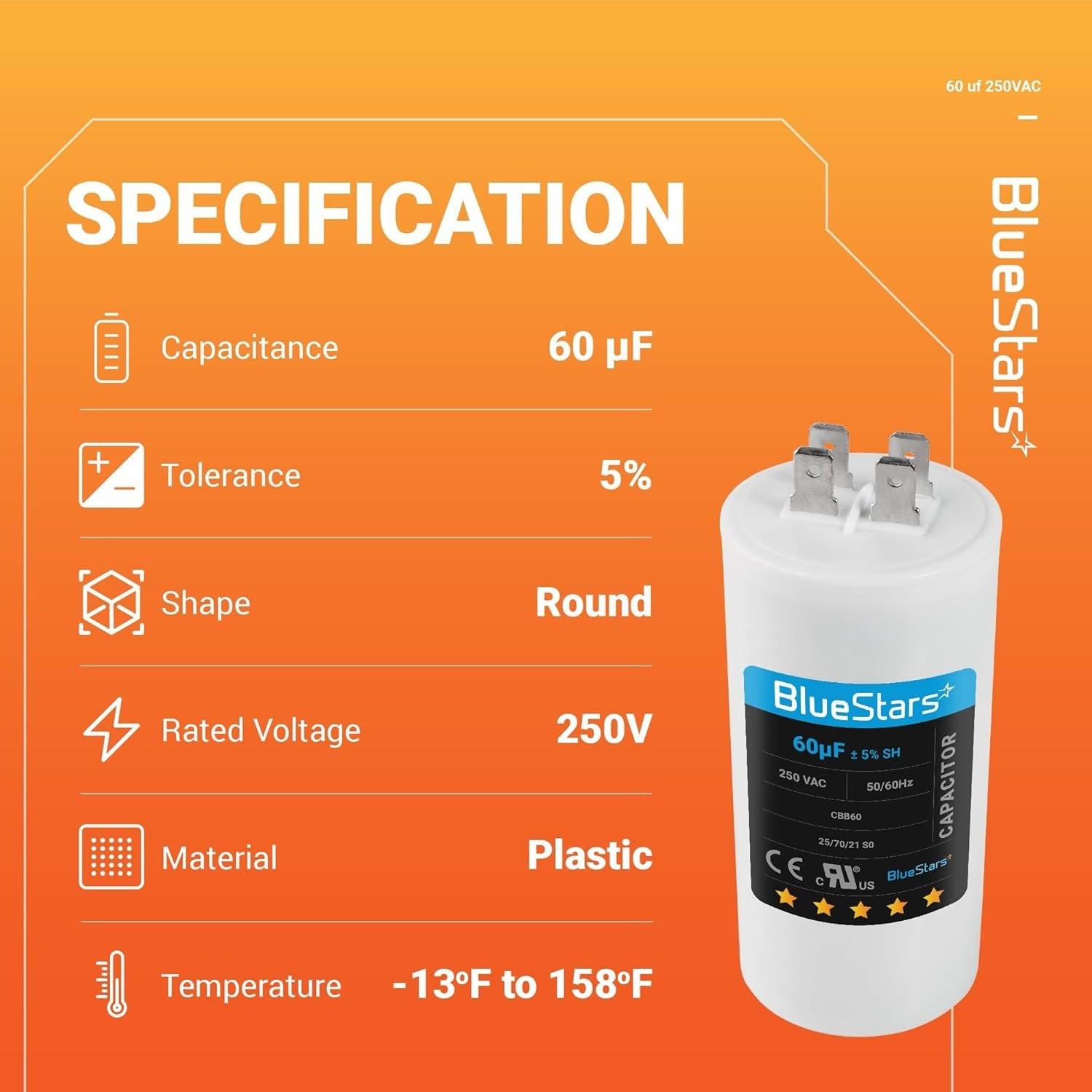 [Lifetime Warranty] [UL Listed] CBB60 60 uF MFD Â±5% 250 VAC 50/60 Hz Round Run Start Capacitor - Fits Air Conditioner, Heat Pump, Pool Pump image 3