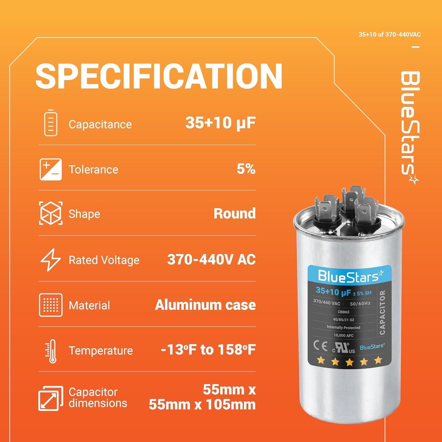 [Lifetime Warranty] 35+10 uF MFD ±5% 370/440 VAC CBB65 CBB65B Dual Run Start Round Capacitor - Fits Condenser, Heat Pump, AC Motor image 1