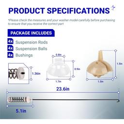 [Lifetime Warranty] W10780048 Washer Suspension Rod Kit 23.6" - Compatible with Whirlpool Maytag Roper Amana Kenmore and Admiral Washers - Replaces W10257087 W10257088 10349191 W10349193 - Pack of 4 thumbnail 6