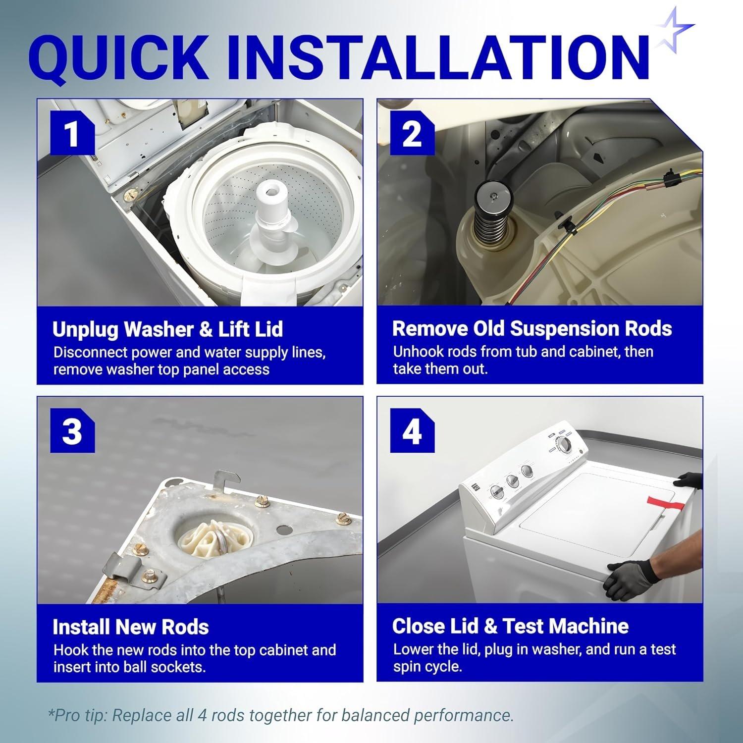 [Lifetime Warranty] W10780048 Washer Suspension Rod Kit 23.6" - Compatible with Whirlpool Maytag Roper Amana Kenmore and Admiral Washers - Replaces W10257087 W10257088 10349191 W10349193 - Pack of 4 image 2