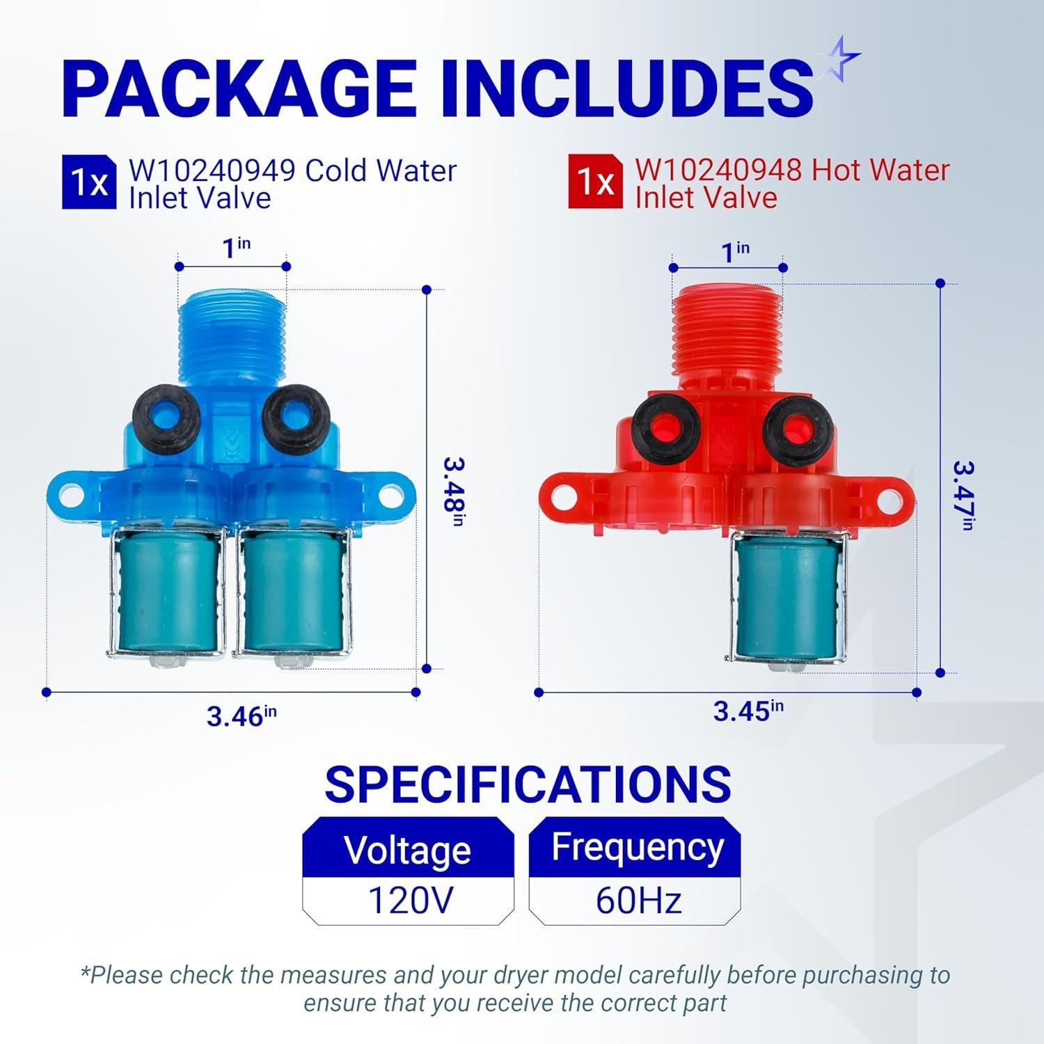 [Lifetime Warranty] W10240948 Washer Hot Water Inlet Valve W10240949 Cold Water Inlet Valve - For Whirlpool Maytag Front Load Washers MVWX655DW1 WTW5700XW3 - Replaces 33390115 33390116 AP6327638 AP6285450 image 1