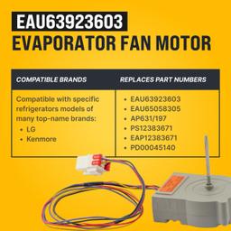 [Lifetime Warranty] EAU63923603 Refrigerator Evaporator Fan Motor Assembly - Compatible with LG and Kenmore Refrigerators DC 12.0V / 1.0 A - Replaces EAU65058305, AP6317197, PS12383671, EAP12383671, PD00045140 thumbnail 2