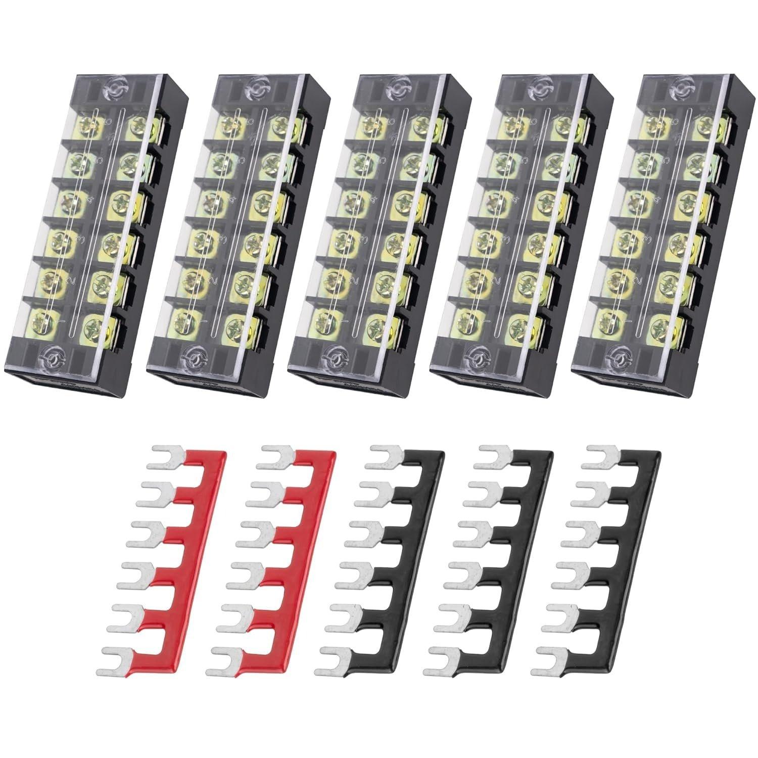 [Lifetime Warranty] 5-pack 6 Positions Terminal Strip Blocks 600V 25A with Cover and 5-pack 400V 25A 6 Positions Pre-Insulated Terminals Barrier Strip image 0