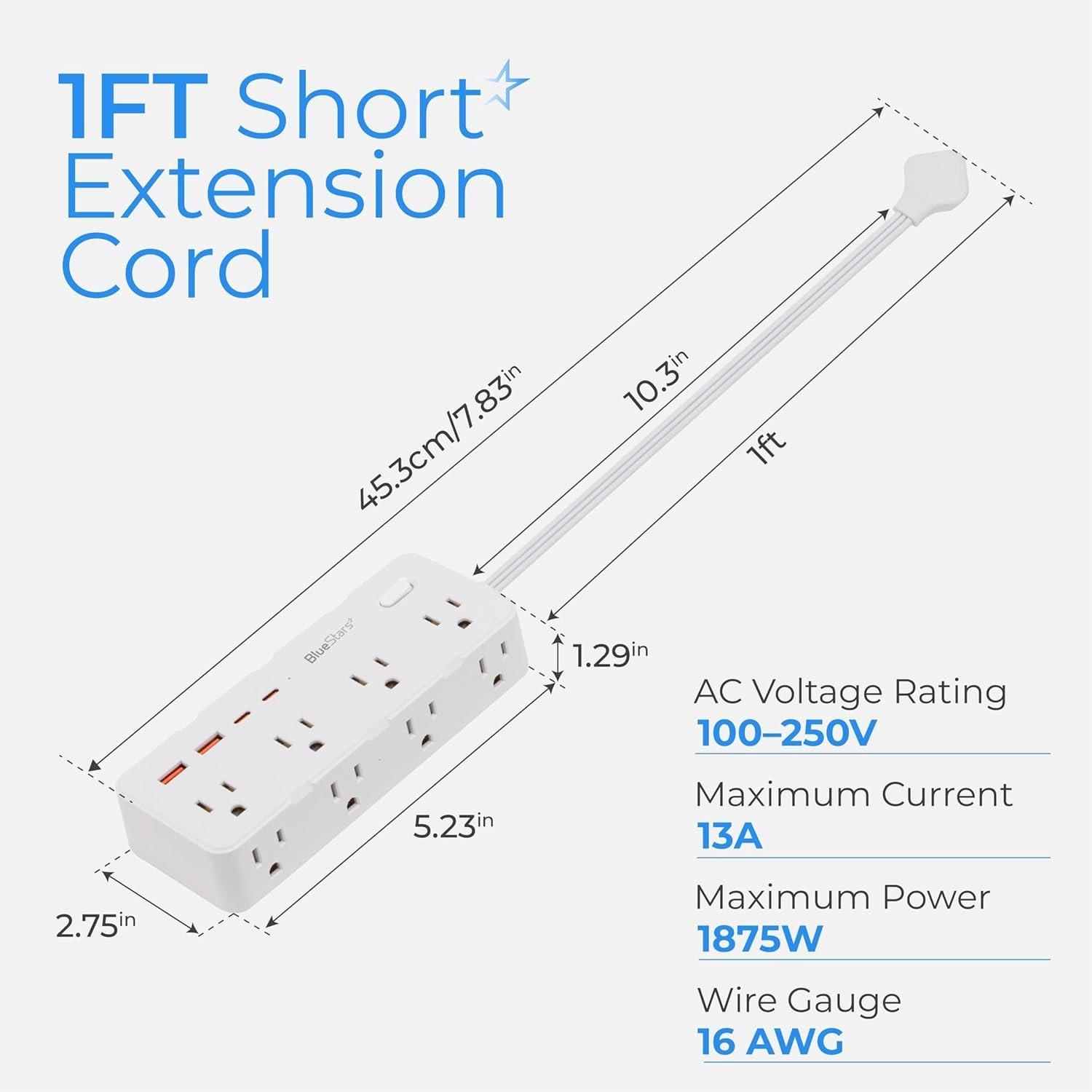 Short Extension Cord 1Ft - 8 Outlets Small Power Strip Flat Plug Surge Protector with 4 USB (5V 3.4A 17W), Multi Plug Wall Outlet Splitter, Short Cord Outlet Extender for Home Office Dorm Collages image 1