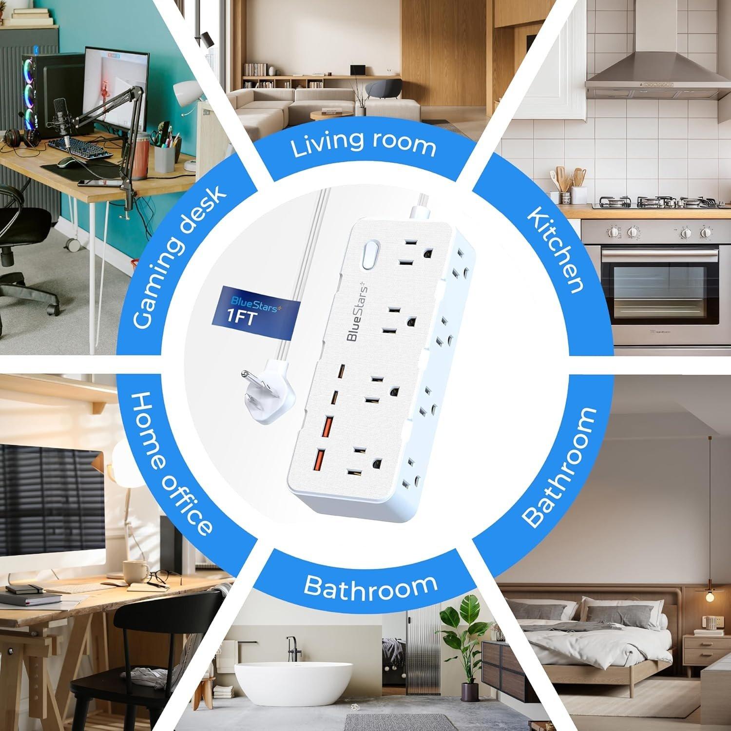 Short Extension Cord 1Ft - 8 Outlets Small Power Strip Flat Plug Surge Protector with 4 USB (5V 3.4A 17W), Multi Plug Wall Outlet Splitter, Short Cord Outlet Extender for Home Office Dorm Collages image 7