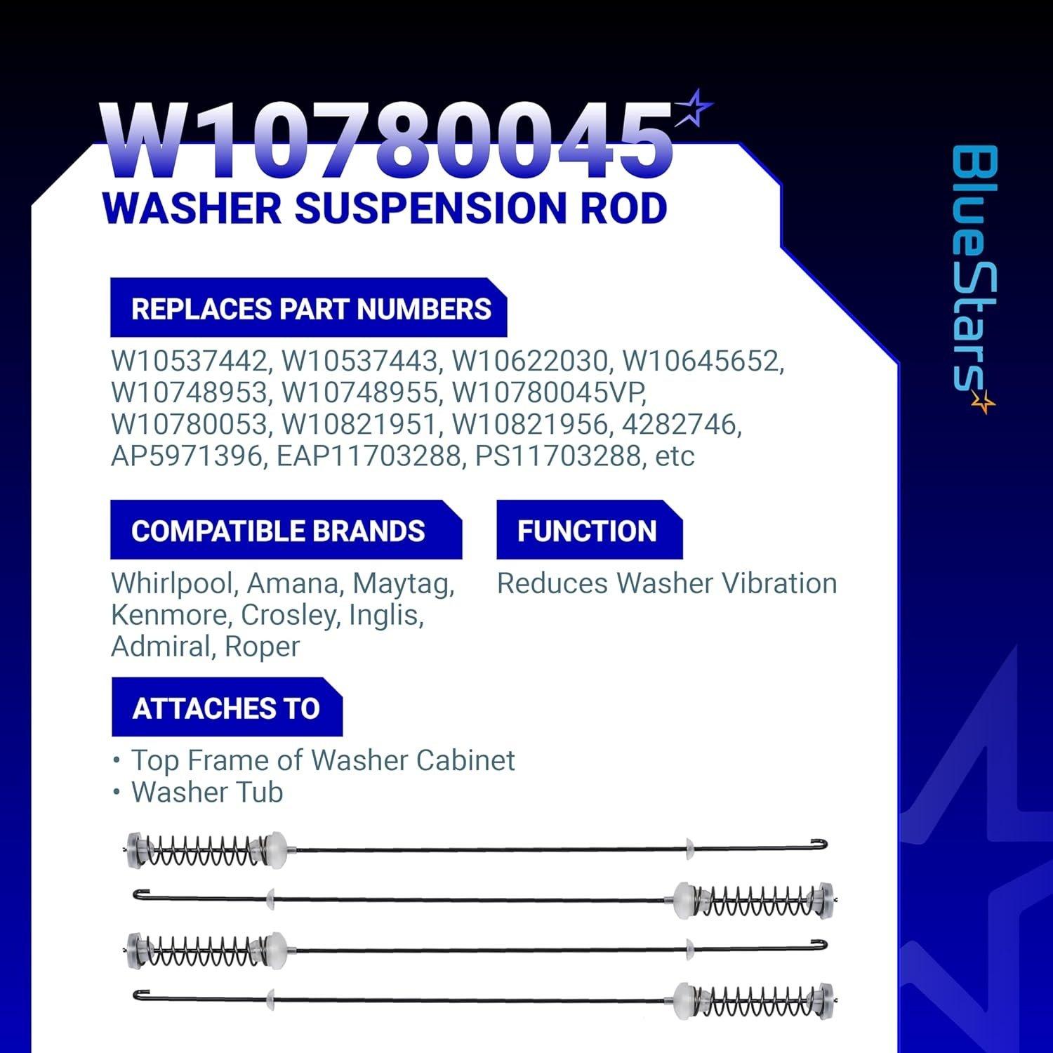 [Lifetime Warranty] W10780045 Washer Suspension Rod Replacement Kit - For Kenmore Whirlpool Washers NTW4516FW WTW4816FW2 RTW4516FW2 NTW4516FW2 NTW4605EW0 - Replaces W10537442 - Pack of 4 image 2