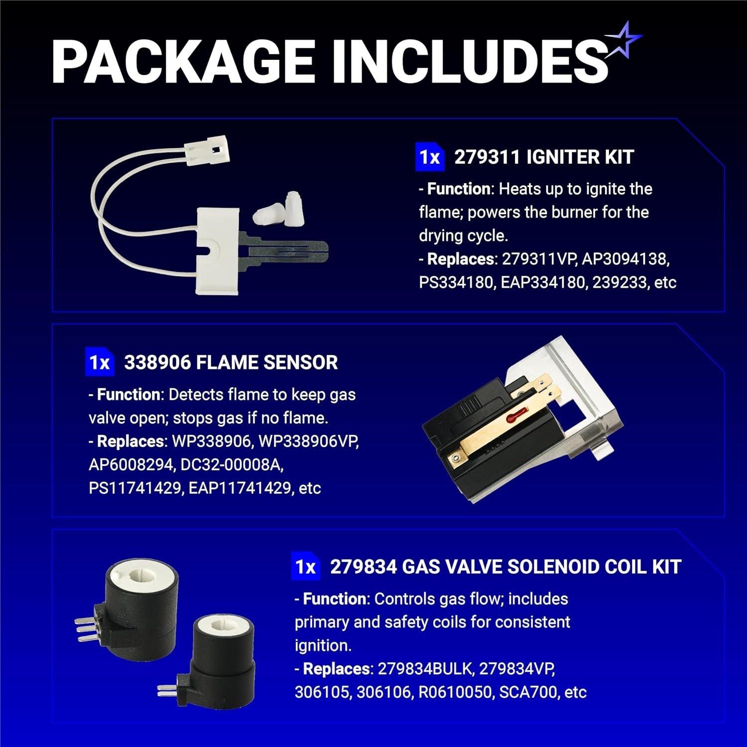 [Lifetime Warranty] 338906 Gas Dryer Flame Sensor & 279311 Igniter & 279834 Gas Valve Solenoid Coils - Fits for Whirlpool Kenmore Maytag Dryers - Replaces WP338906 AP3094251 PS334310 12001349 image 8