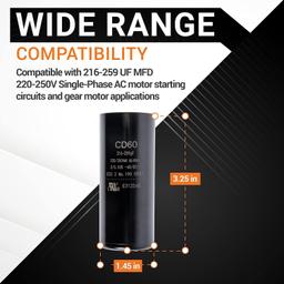 [Lifetime Warranty] 216-259 uF MFD 220-250 VAC 50/60 Hz SC0080 CD60 Round Motor Start Capacitor - Fits AC Motor Run, Fan Start, Heat Pump thumbnail 6