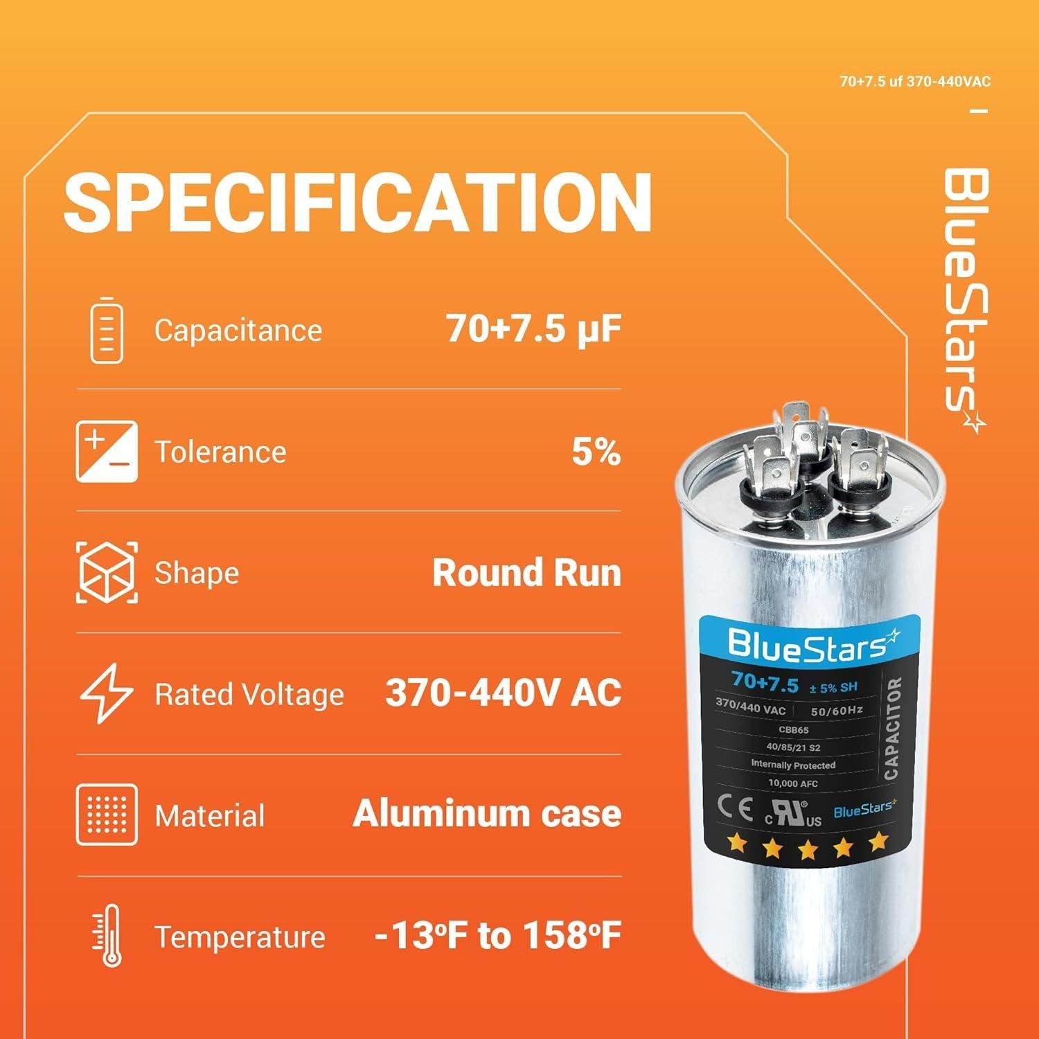 [Lifetime Warranty] [UL Certified] 70+7.5 uF MFD 370/440 VAC Round Dual Run Capacitor - Fits Air Conditioner or Heat Pump Condenser image 2
