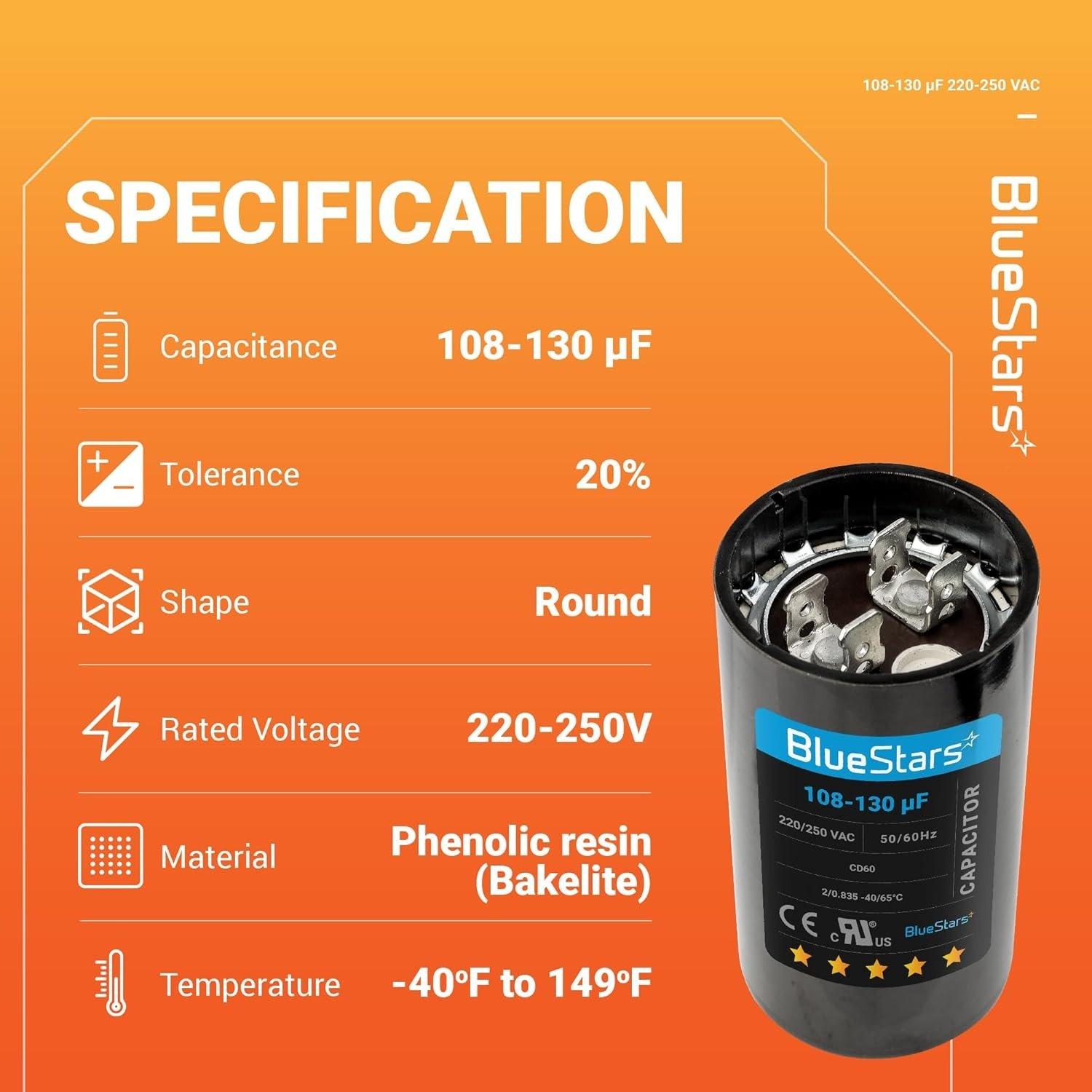[Lifetime Warranty] 108-130 uF MFD 220-250 VAC Â±20% CD60 Round Start Capacitor 50/60 Hz - Fits Single-Phase Electric Motors image 1