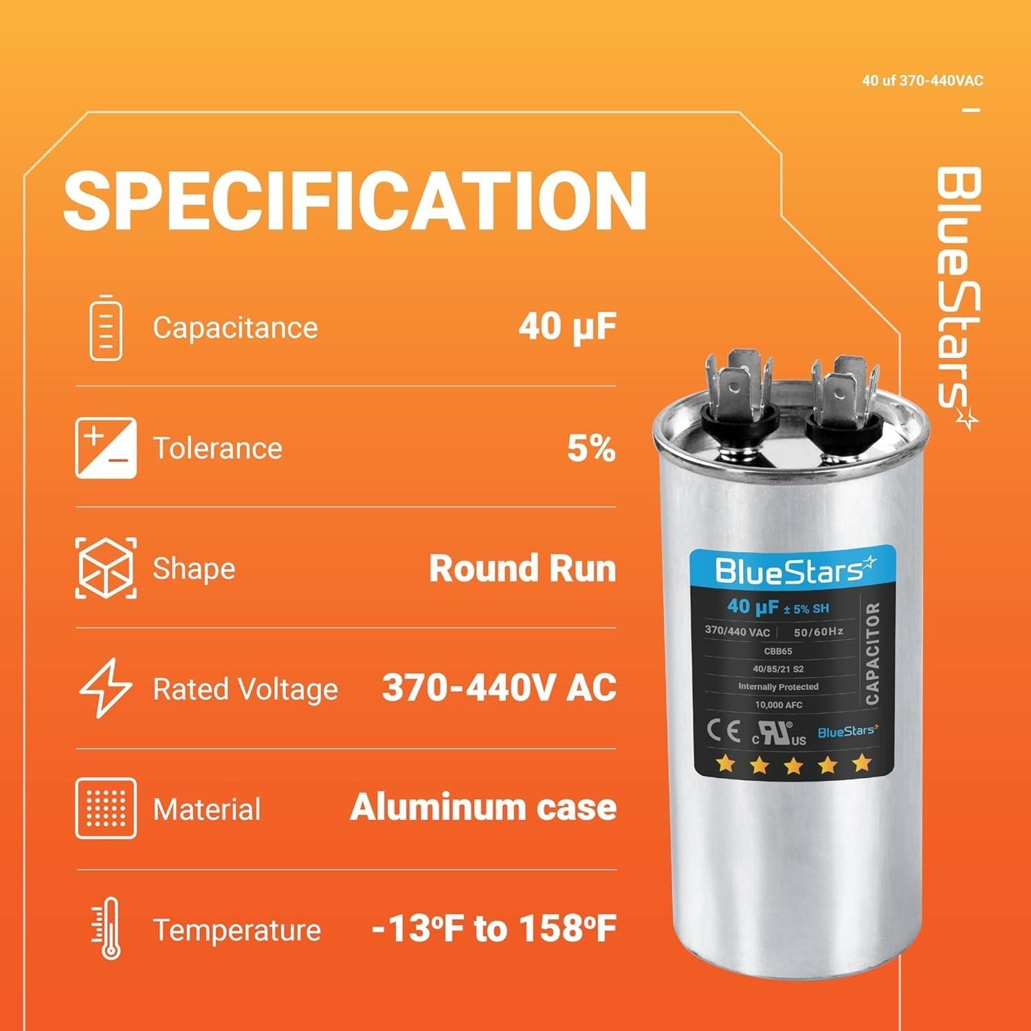 [Lifetime Warranty] 40 uF MFD 370/440 VAC CBB65A Round Run Start Capacitor - Fits AC Motor Run, Fan Start, Heat Pump image 1