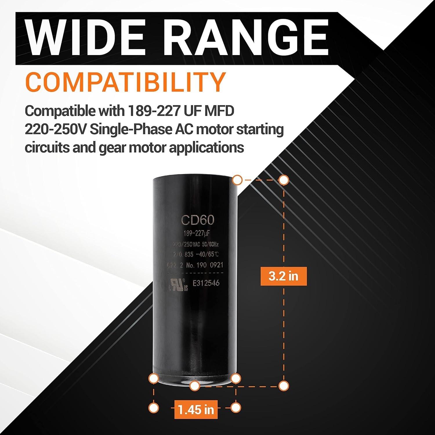 [Lifetime Warranty] 189-227 uF MFD 220-250 VAC Round Start Capacitor 50/60 Hz - Fits Electric Motor, OEM Single Phase Motor image 2