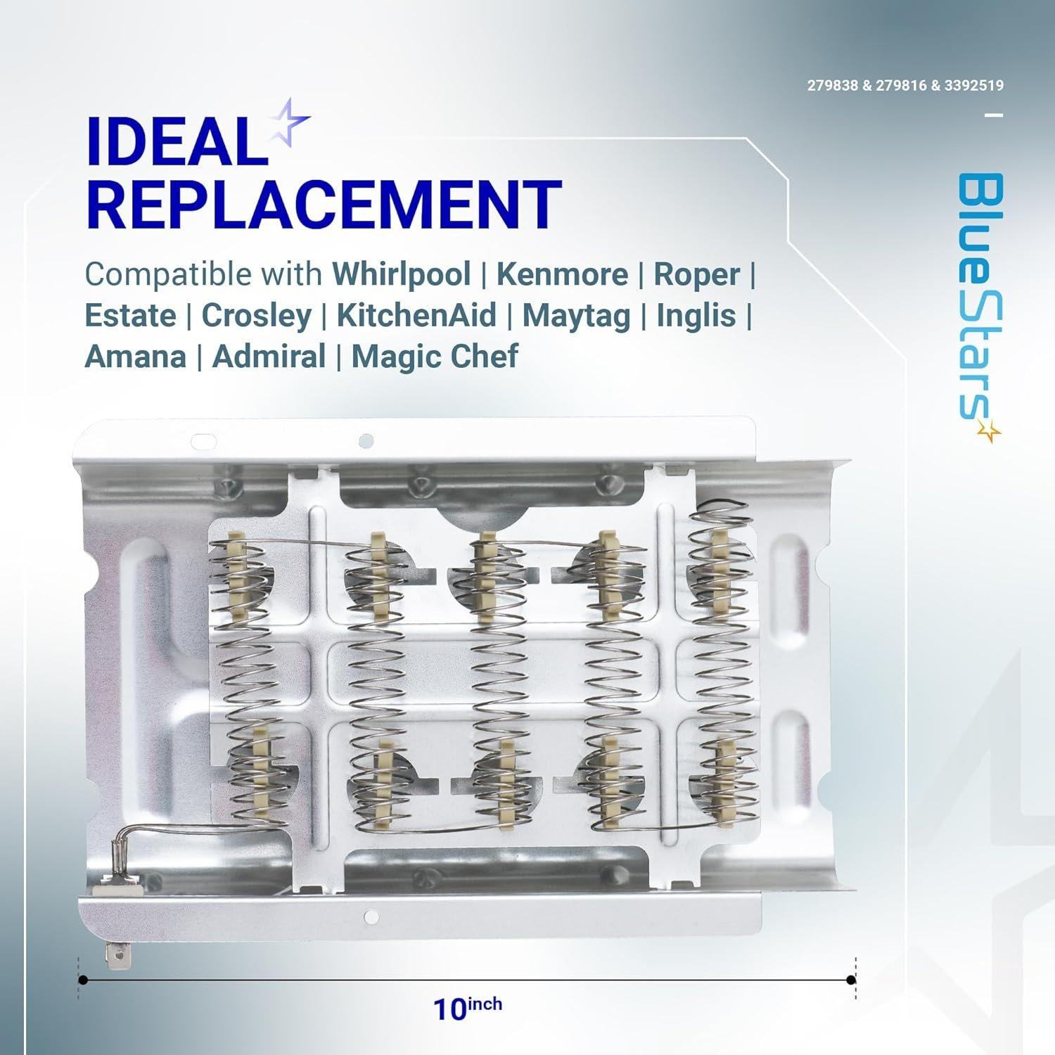[Lifetime Warranty] 279838 W10724237 Dryer Heating Element Kit - For Whirlpool Kenmore Roper Maytag Amana NED4655EW1 WED4815EW1 MEDC215EW1 RED4640YQ0 RED4440VQ1 REX4634KQ1 RED4440SQ0 image 2