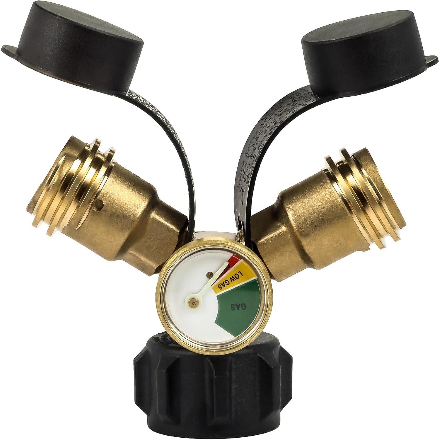 [Lifetime Warranty] Propane Tank Y Splitter QCC/POL with Gauge and Shut-Off Valve - Propane 2 Way Splitter Adapter Fitting image 0