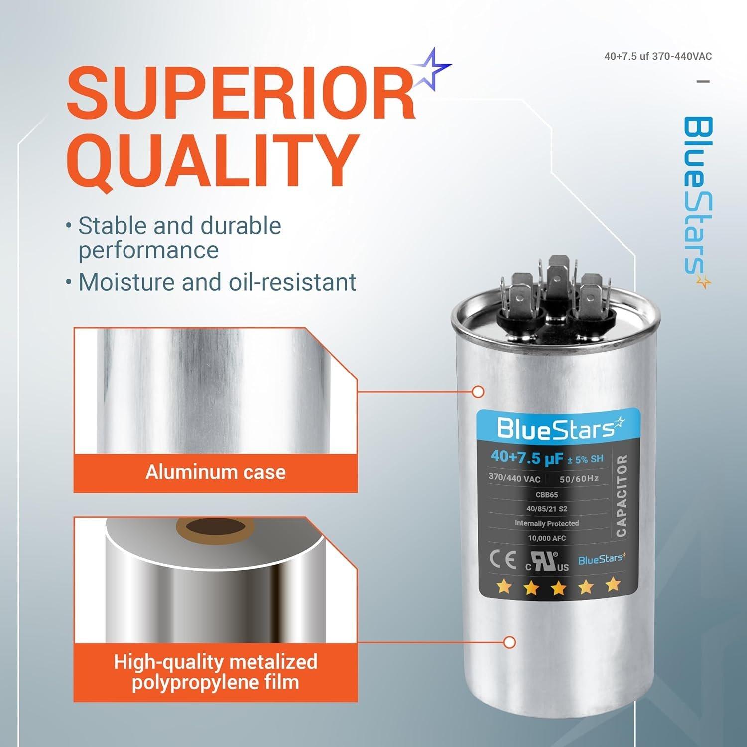 [Lifetime Warranty] 40+7.5 uF MFD ±5% 370/440 VAC Dual Run Start Round AC Capacitor CBB65 CBB65B 50/60 Hz 10000AFC - Fits Condenser, Heat Pump image 1
