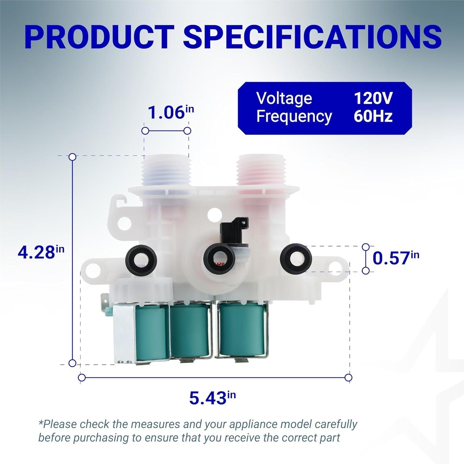 [Lifetime Warranty] W11096268 W11220230 Washer Water Inlet Valve - Compatible with Whirlpool Kenmore Washers - Replaces W10632527 W10758829 W10853296 W11096268 AP6329544 (120V 60Hz) image 3