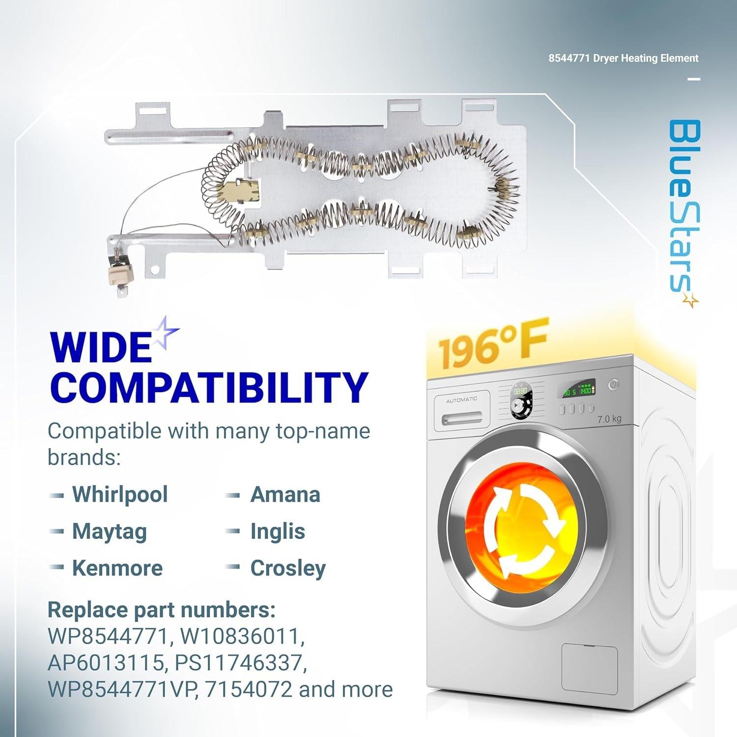 [Lifetime Warranty] 8544771 Dryer Heating Element - Compatible with Whirlpool Kenmore Maytag Dryers - Replaces WP8544771VP 7154072 1180054 AP6013115 PS11746337 W10836011 11087872602 MEDB950YG0 image 8