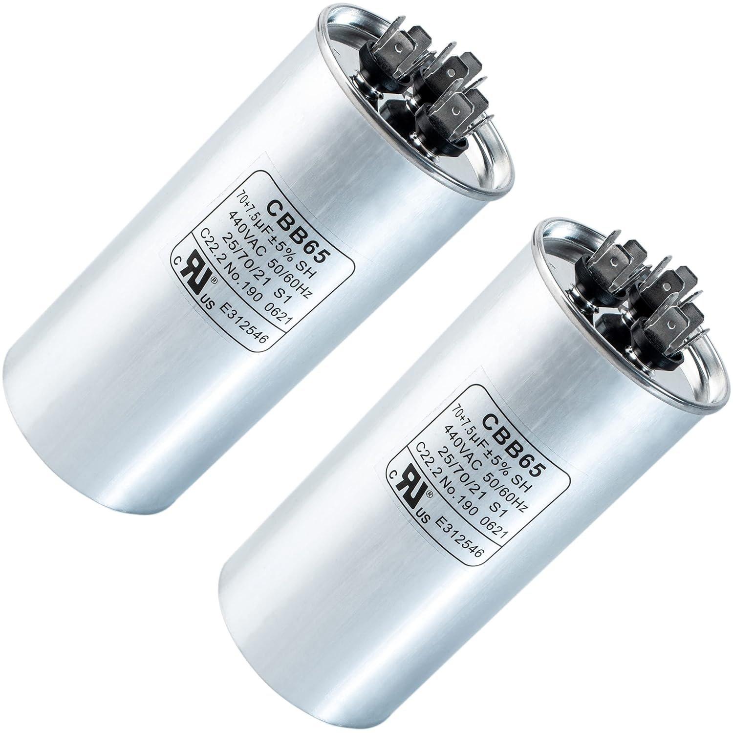 [Lifetime Warranty] 70+7.5 uF MFD 370/440 VAC Round Dual Run Capacitor - Compatible with Air Conditioner, Heat Pump Condenser - Pack of 2 image 0