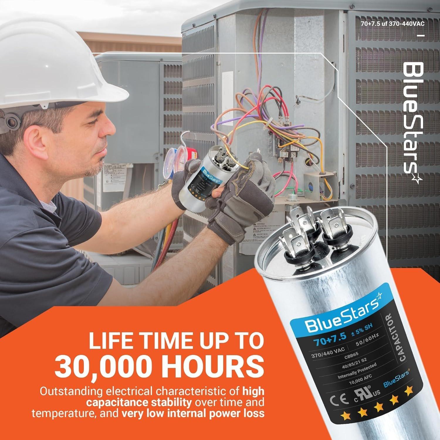 [Lifetime Warranty] 70+7.5 uF MFD 370/440 VAC Round Dual Run Capacitor - Compatible with Air Conditioner, Heat Pump Condenser - Pack of 2 image 2