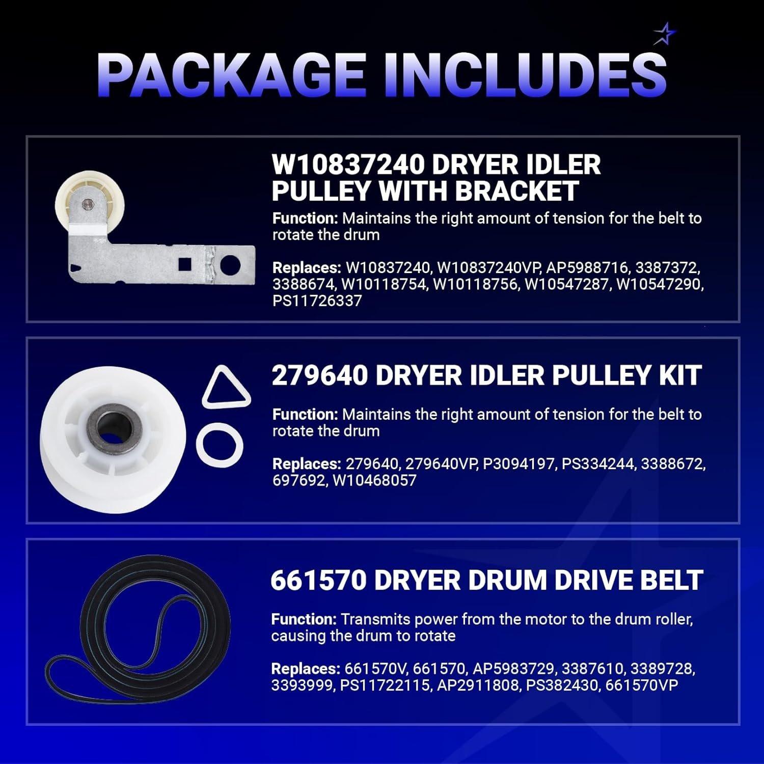 [Lifetime Warranty] 661570V 661570 & 279640 & W10837240 Dryer Drum Belt Idler Pulley and Pulley Kit - Compatible with Whirlpool Maytag Kenmore Dryers WED9200SQ0 WED5600XW0 WED9200SQ0 GEW9250PW1 image 4