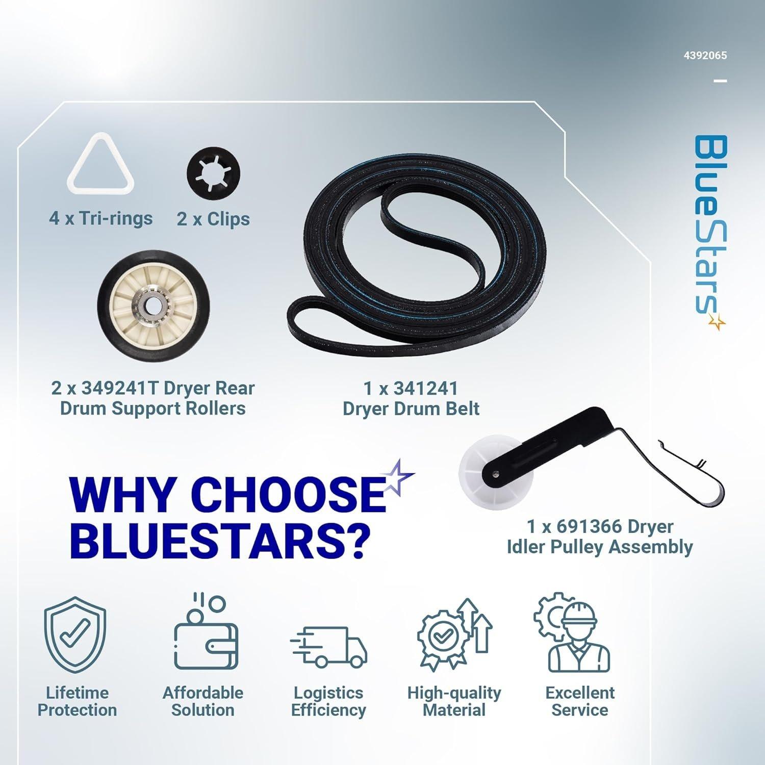 [Lifetime Warranty] 4392065 Dryer Repair Kit Included Belt 341241 Idler 691366 Rollers 349241T for Whirlpool Kenmore Admiral Amana Dryers - Replaces 279948 587636 AP3131942 PS373087 587636 WED4815EW1 NED4655EW1 image 2