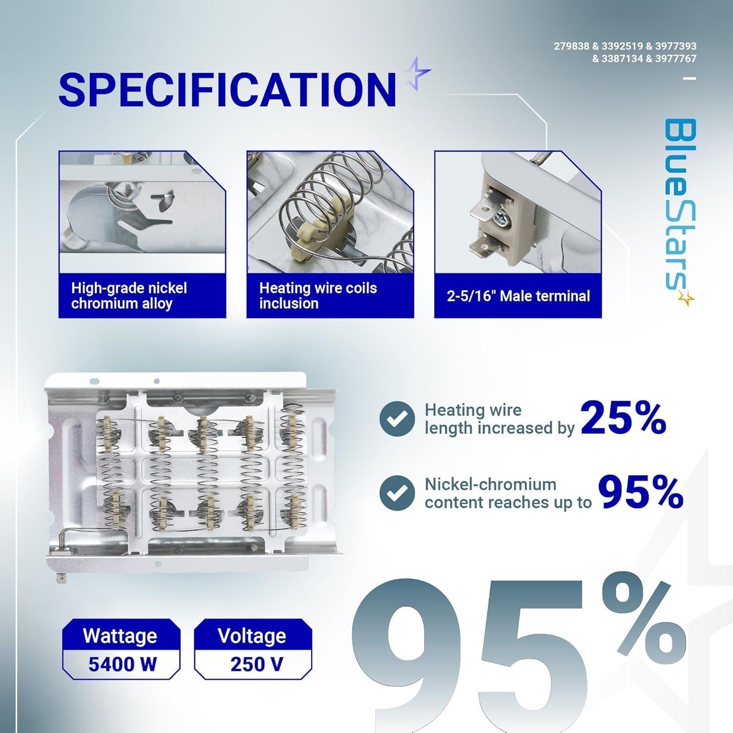 [Lifetime Warranty] 279838 WED4815EW1 Heating Element For Whirlpool WED6200SW1 WED5000DW2 WED5300VW0 WED4800BQ1 Maytag MEDC215EW1 MEDX655DW1 Amana NED4655EW1 Roper Admiral Kenmore image 6