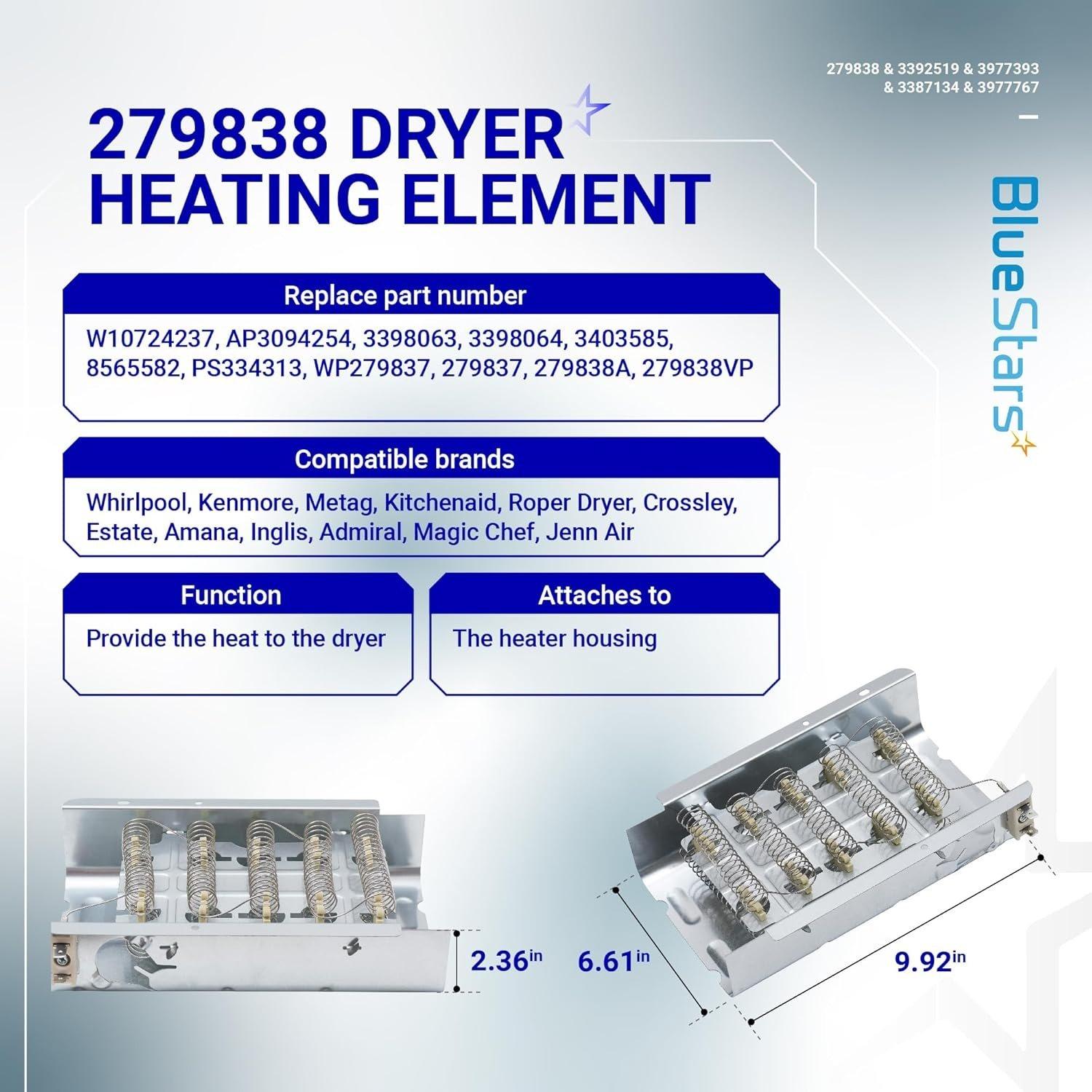 [Lifetime Warranty] 279838 WED4815EW1 Heating Element For Whirlpool WED6200SW1 WED5000DW2 WED5300VW0 WED4800BQ1 Maytag MEDC215EW1 MEDX655DW1 Amana NED4655EW1 Roper Admiral Kenmore image 5