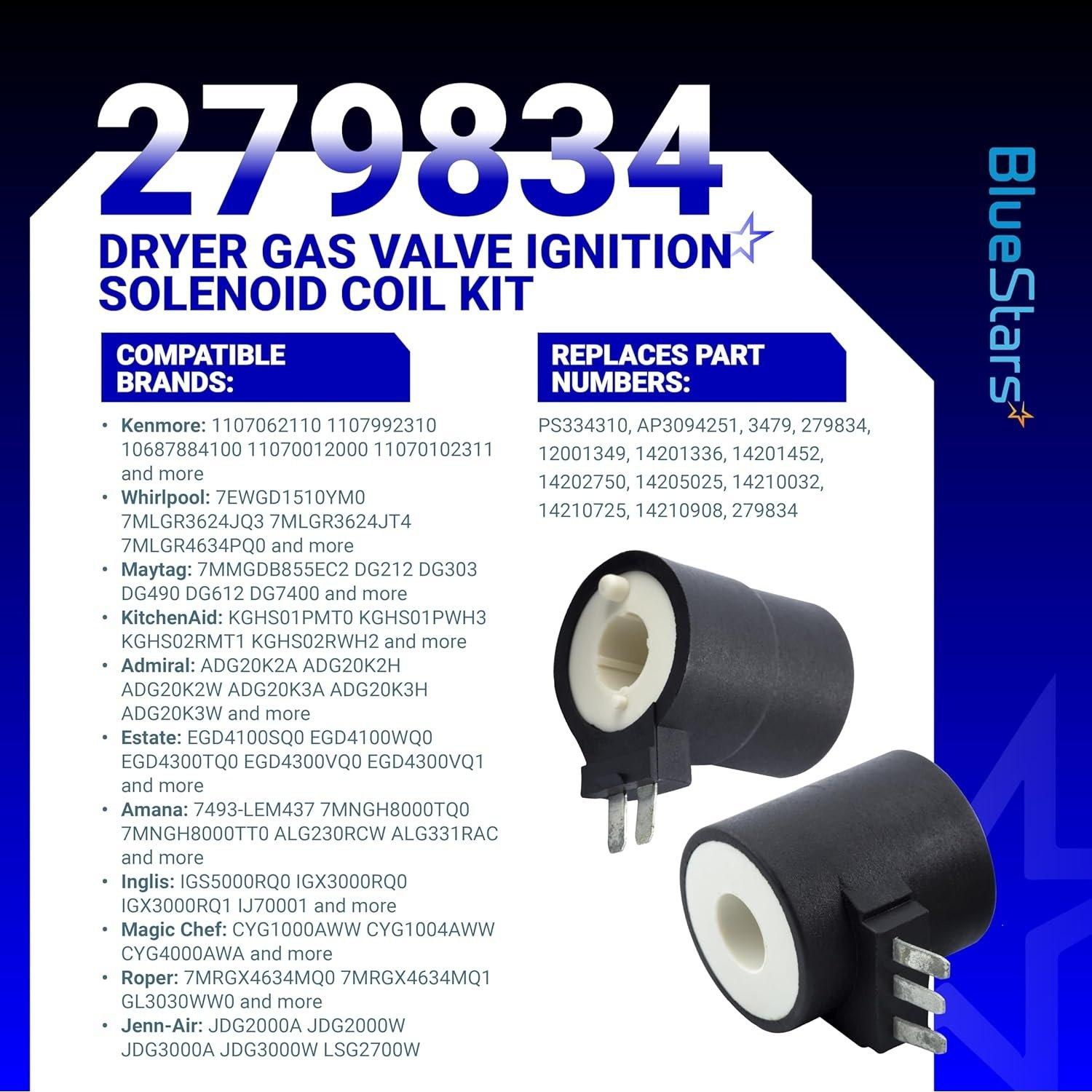[Lifetime Warranty] 279834 Dryer Gas Valve Ignition Solenoid Coil Kit - Compatible with Whirlpool Kenmore Maytag Dryers - Replaces AP3094251 PS334310 12001349 694540 694539 306105 306106 image 3