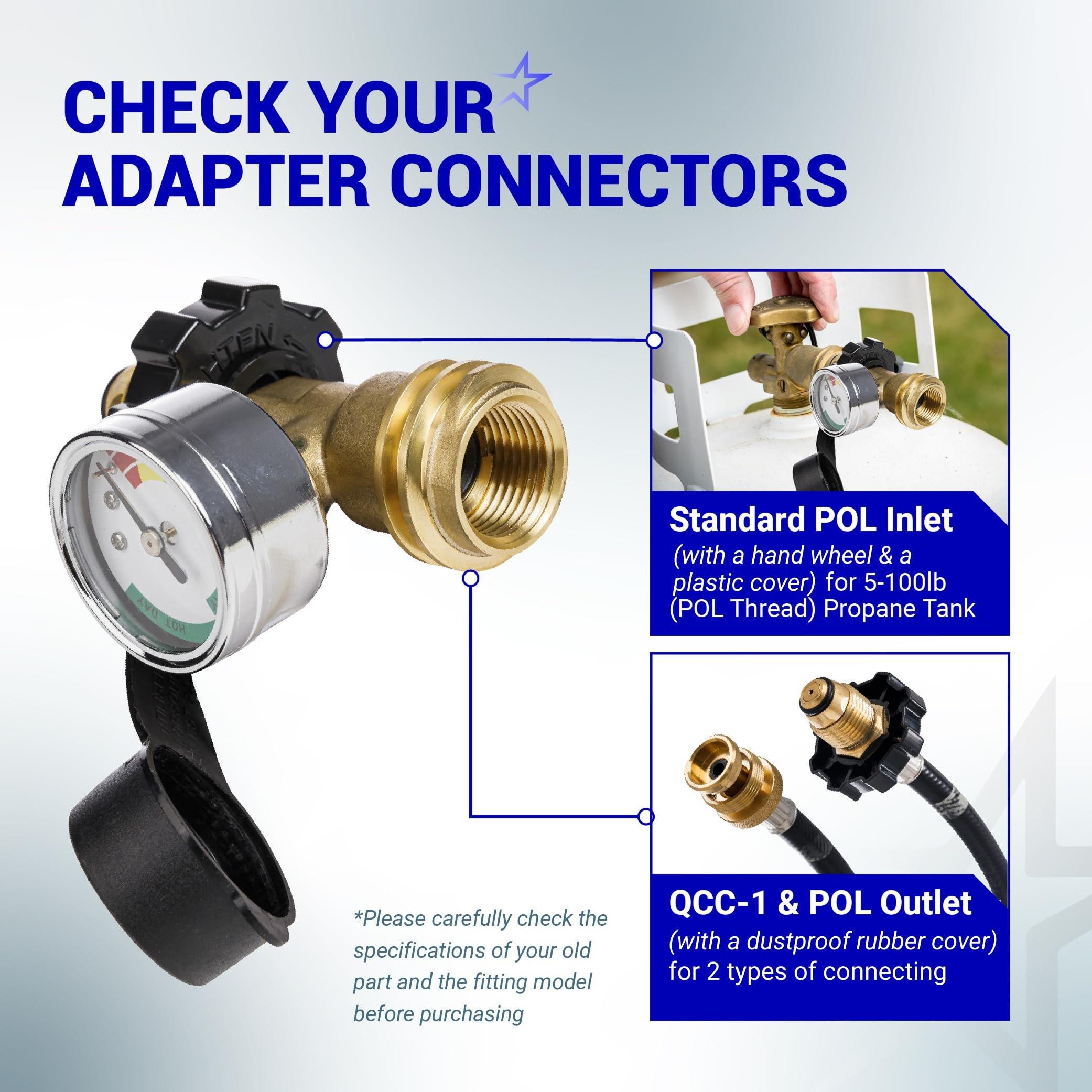 BlueStars [100% Solid Brass] 100 lb Propane Tank Adapter, POL Propane Gauge for 100 lb Propane Tank, Converts POL LP Tank Service Valve to QCC1/Type 1 - Old to New Connection Type image 1