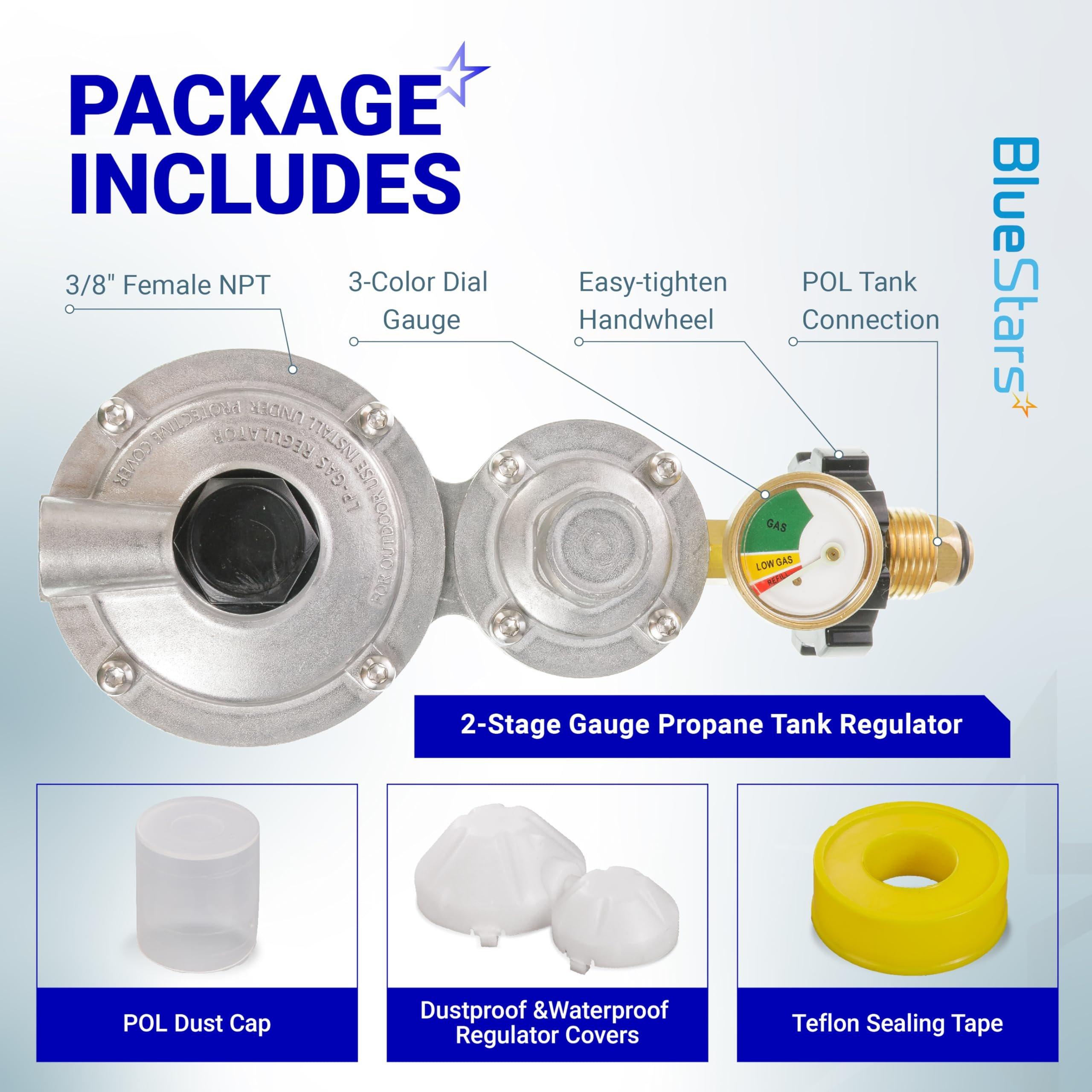 [Lifetime Warranty] [CSA Certified] 2 Stage Propane Regulator with Gauge & POL - Standard P.O.L Connection for 20â€“100lb Tank and 3/8in Female Flare for RV Camper Grill Heater Generator - Propane Tank Regulator image 1