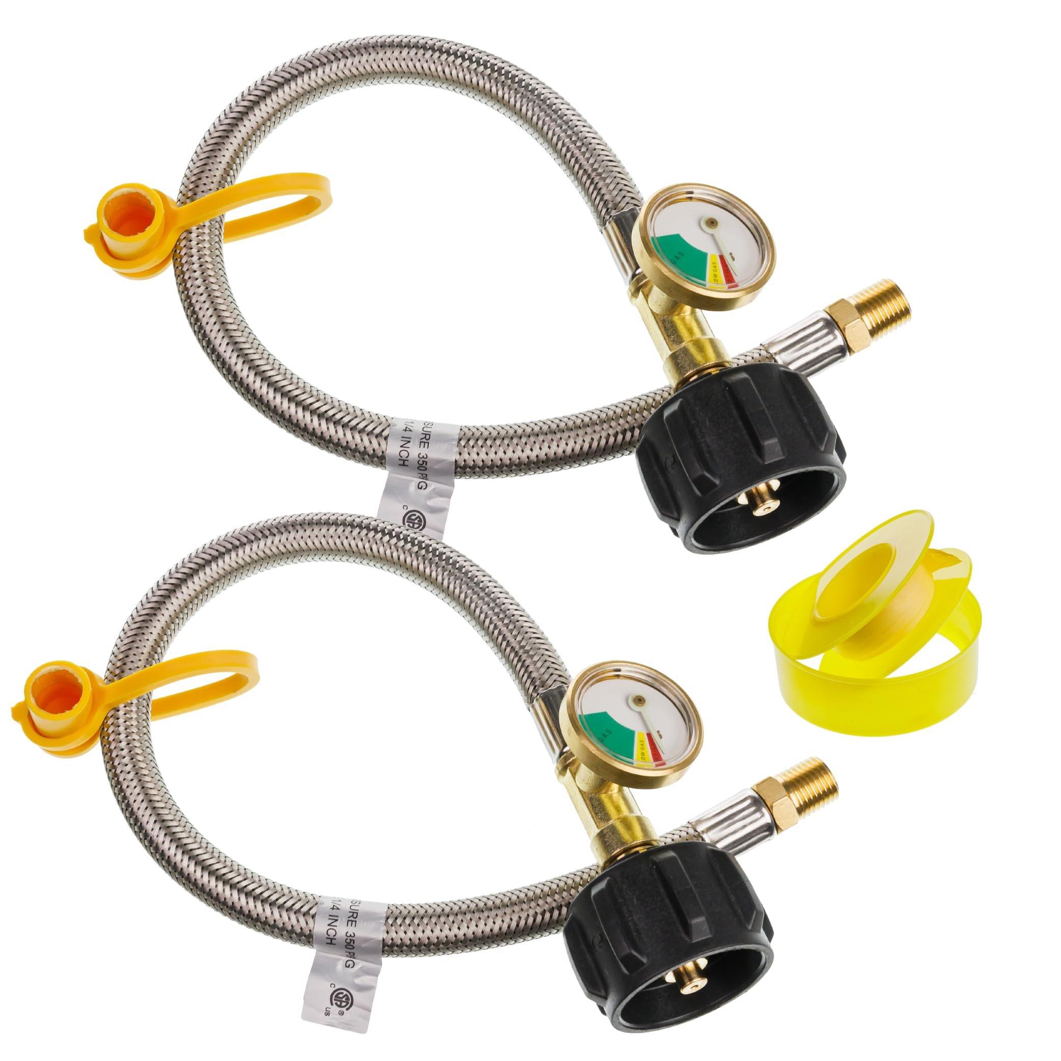 [Lifetime Warranty] [1/4 Male NPT] 15 inch RV Propane Hoses with Gauge to QCC1 Stainless Steel Braided Camper Tank Hose for RV Camper Standard Two-Stage Regulator - Pack of 2 40Lb 350PS image 0