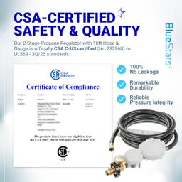 [Lifetime Warranty] [CSA Certified] 10FT Two Stage Propane Regulator Hose and Gauge - Standard P.O.L Tank Connection and 3/8in Female Flare Fitting for Grill Heaters Fire Pit Gas Stove Generator thumbnail 1