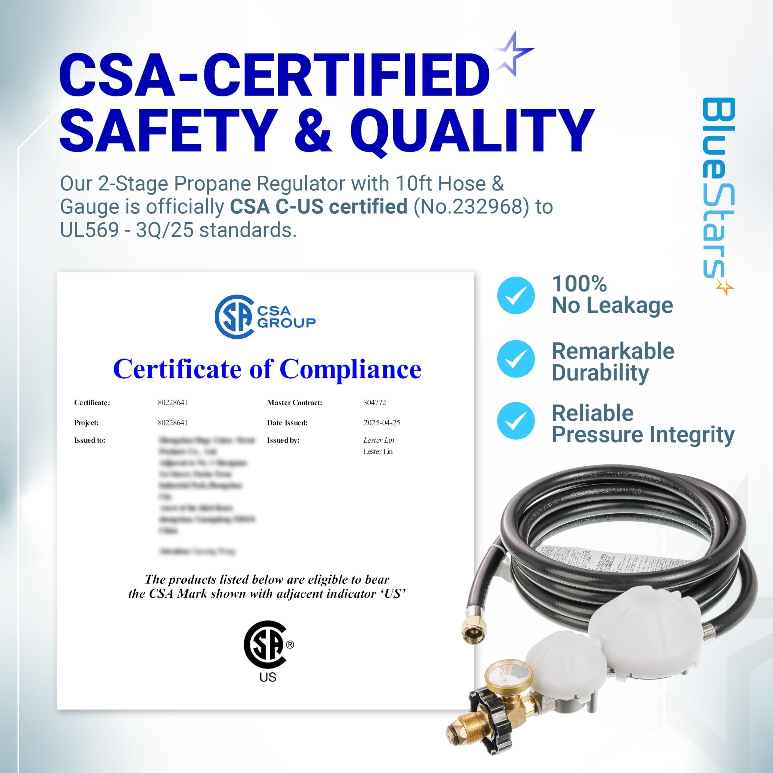 [Lifetime Warranty] [CSA Certified] 10FT Two Stage Propane Regulator Hose and Gauge - Standard P.O.L Tank Connection and 3/8in Female Flare Fitting for Grill Heaters Fire Pit Gas Stove Generator image 1