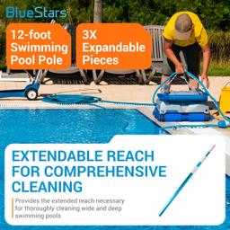 Heavy Duty 12ft Aluminum Telescopic Swimming Pool Pole - Adjustable 3-Piece Expandable Step-Up - 1-1/4" Diameter Connection End - Attach Skimmer Nets, Rakes, Brushes, Vacuum Heads thumbnail 1