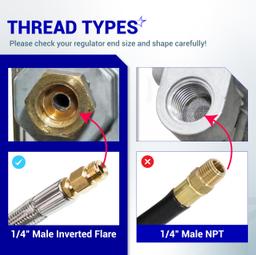 [Lifetime Warranty] [1/4" Male Inverted] 15 inch RV Propane Hoses with Gauge - Connects QCC1, Stainless Steel Braided Camper Propane Pigtail for 5LB - 40LB Tank to Two-Stage Regulator - 2 Pack with Tape thumbnail 2