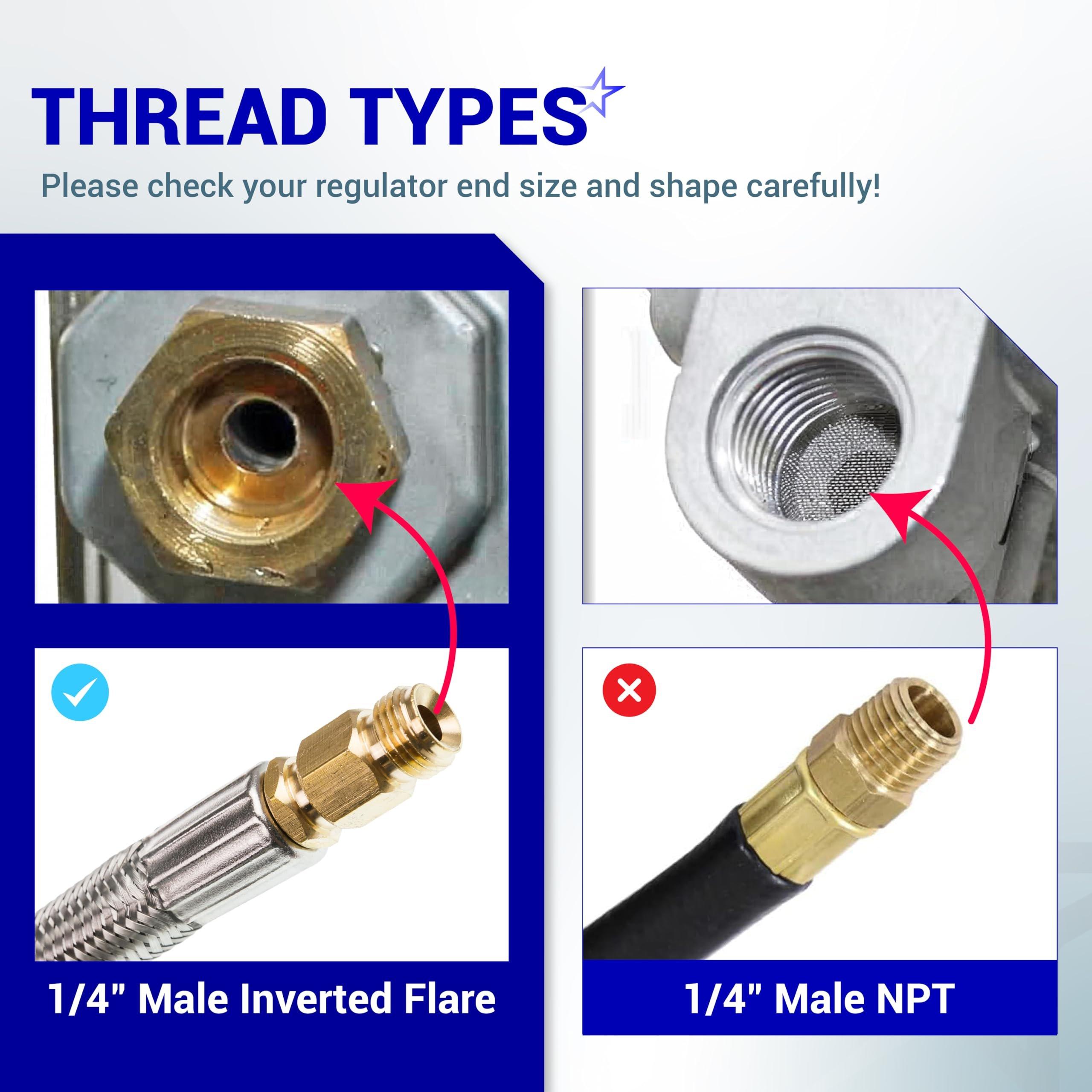 [Lifetime Warranty] [1/4" Male Inverted] 15 inch RV Propane Hoses with Gauge - Connects QCC1, Stainless Steel Braided Camper Propane Pigtail for 5LB - 40LB Tank to Two-Stage Regulator - 2 Pack with Tape image 2