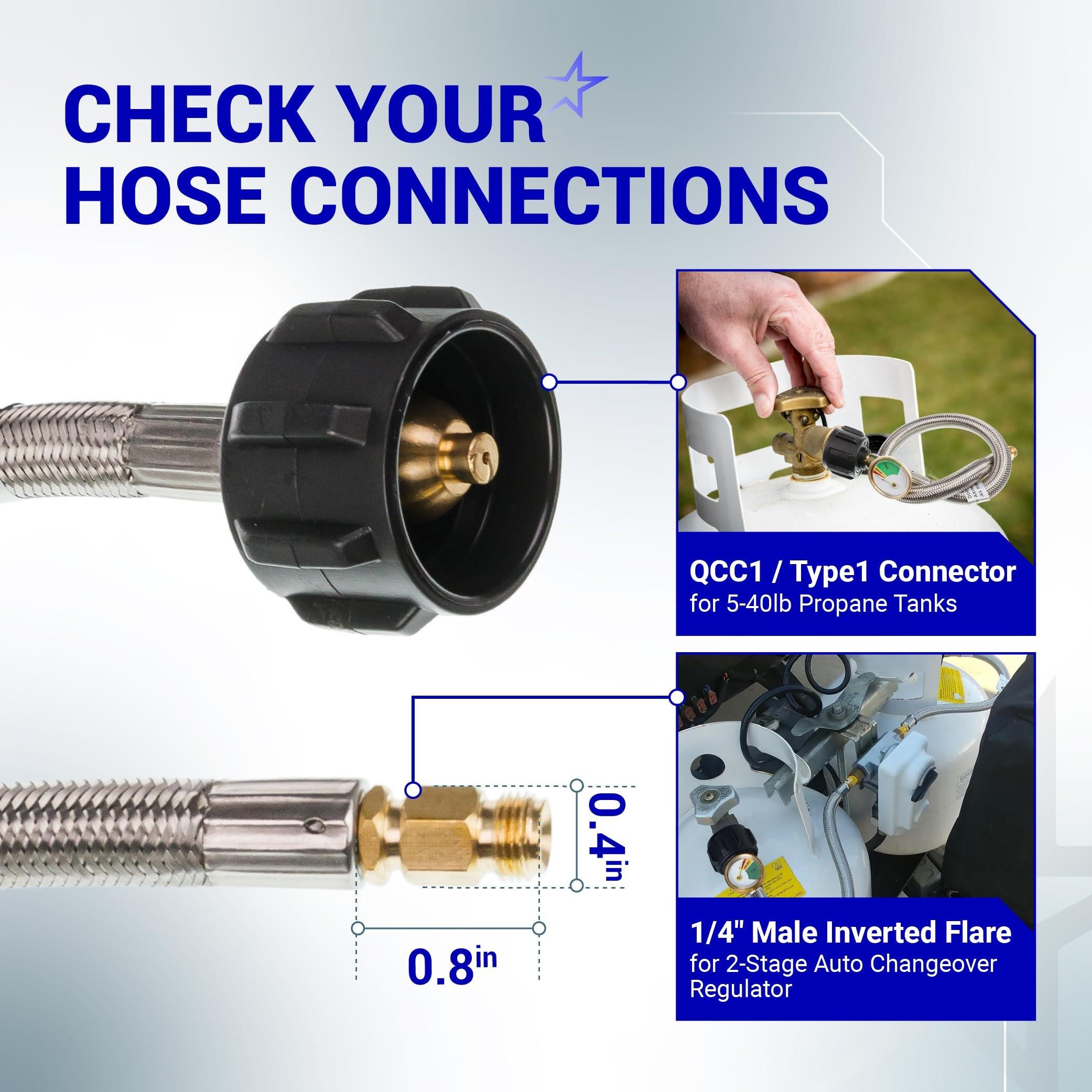 [1/4â€ Male Inverted Flare] 15 inch Stainless Braided RV Propane Pigtail Hose - Connects QCC1 - Propane Tank Connector for BBQ RV Camper Two-Stage Regulator - 2 Pack, Includes Seal Tape image 2